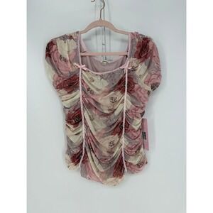 I Believe Floral Ruched Mesh Top Womens 2XL Pink Lace Bows Coquette Romantic